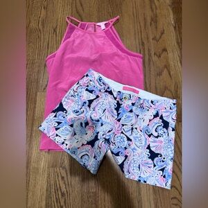 Lilly Pulitzer Vibrant Pink Mesh Detail tank and patterned shorts